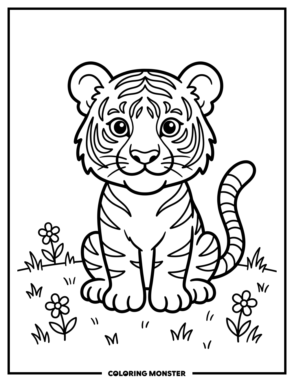 Tiger Cub in Grassy Field Coloring Page