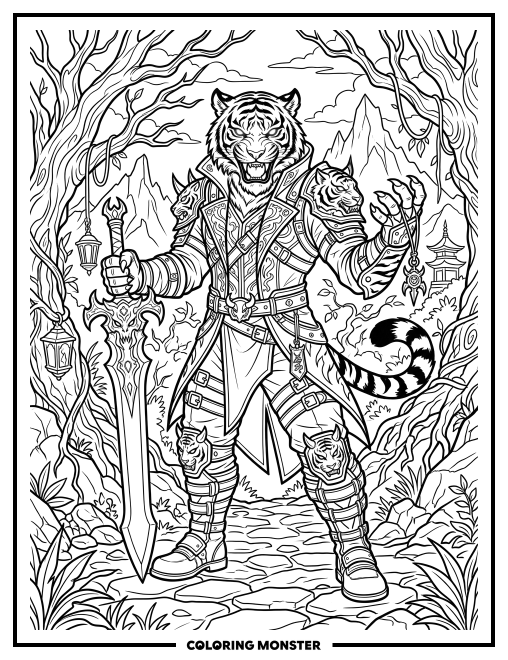 Tiger Demon Hunter in K-Pop Armor Coloring Page