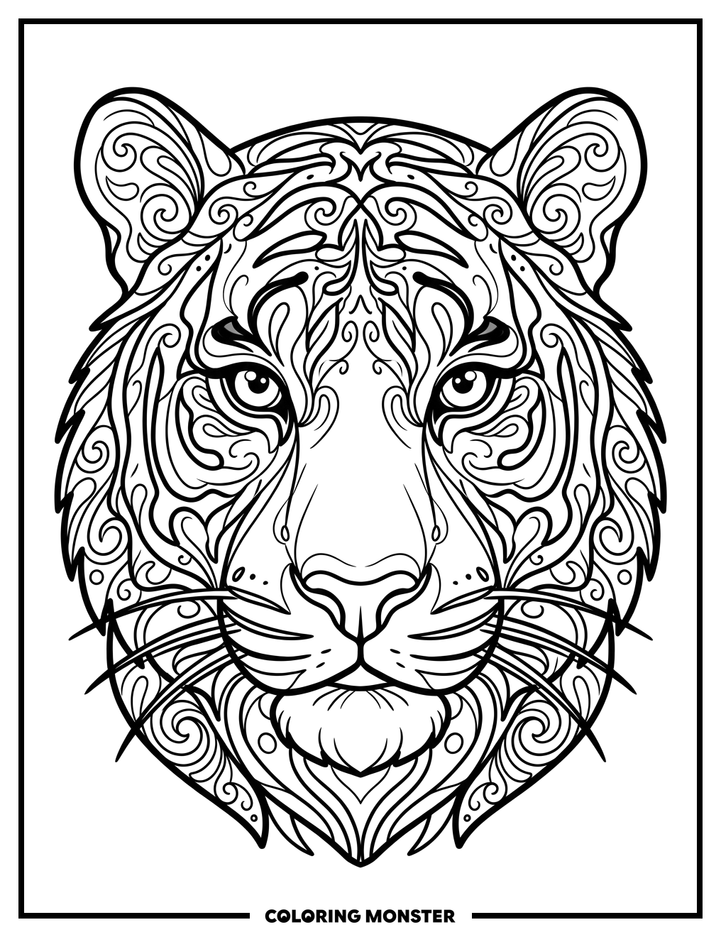 Tiger Face With Swirling Patterns Coloring Page