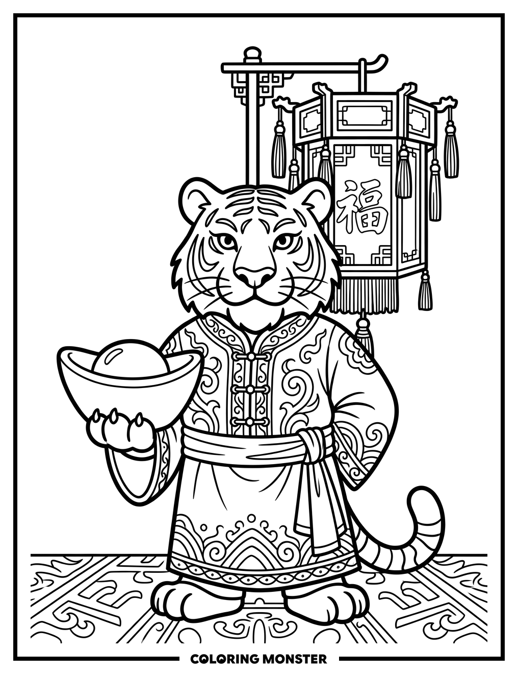 Tiger In Embroidered Robe With Lantern Coloring Page