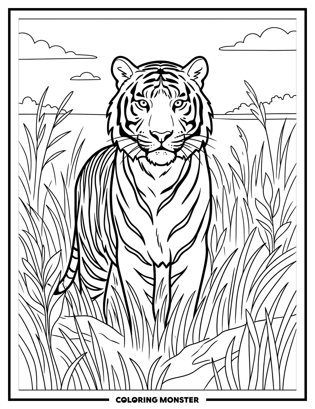 Tiger in Tall Grass Coloring Page