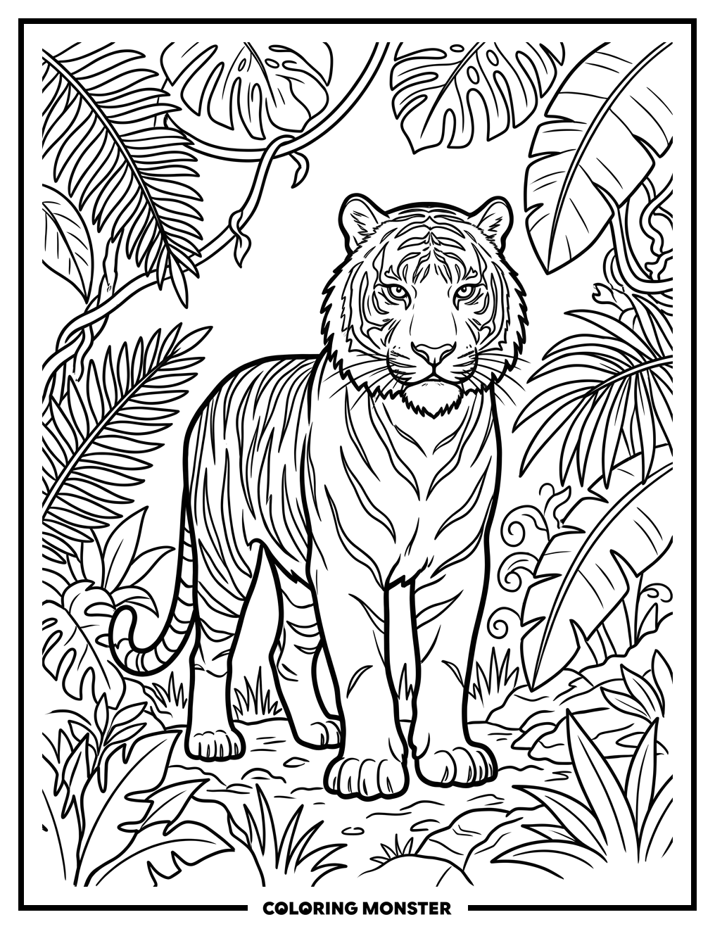 Tiger In The Jungle Coloring Page