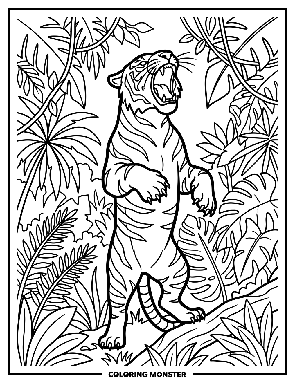 Tiger Roaring in Jungle Coloring Page