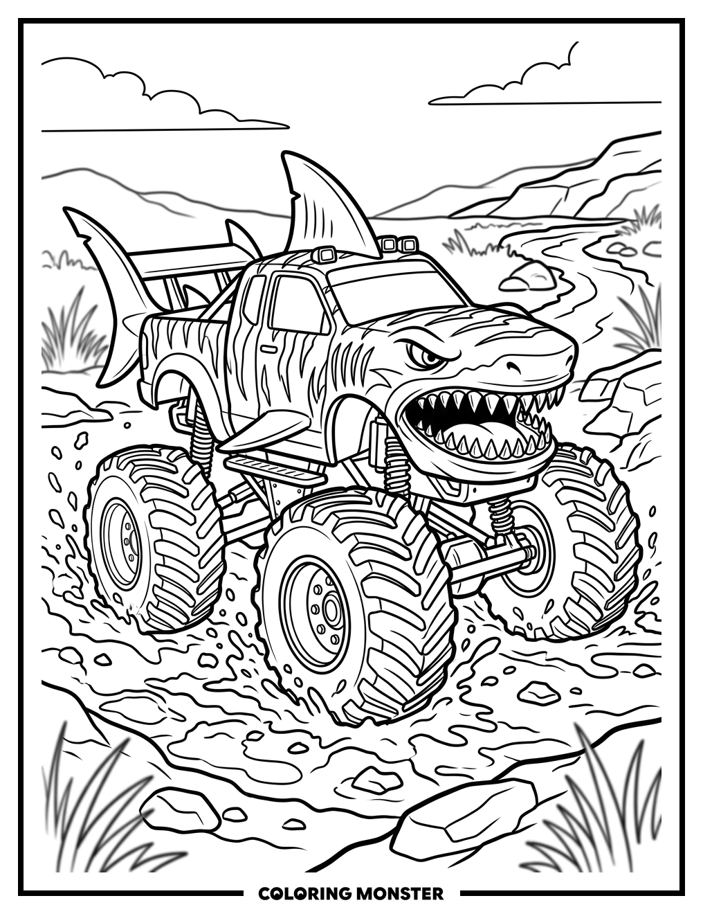 Tiger Shark Monster Truck On Muddy Track Coloring Page