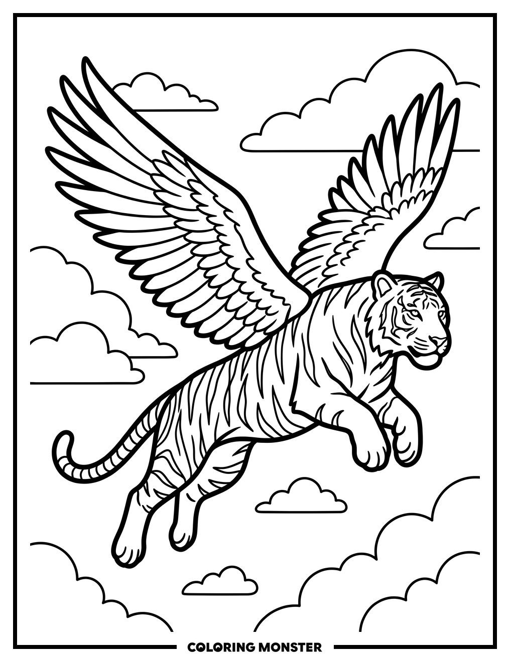 Tiger With Feathery Wings Flying Coloring Page