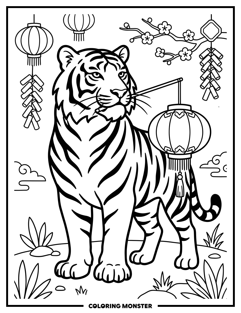 Tiger With Lantern Coloring Page