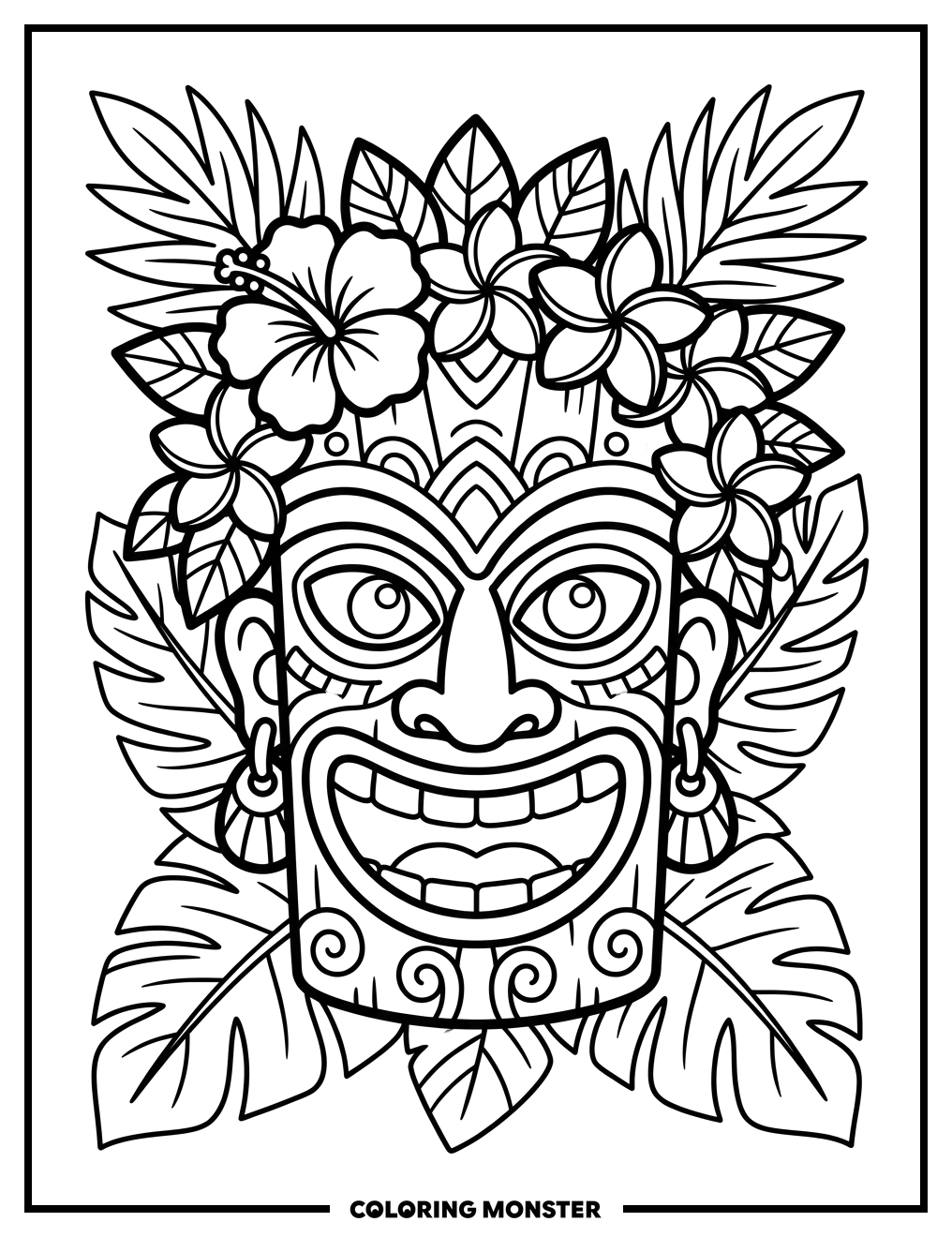 Tiki Mask with Tropical Flowers Coloring Page