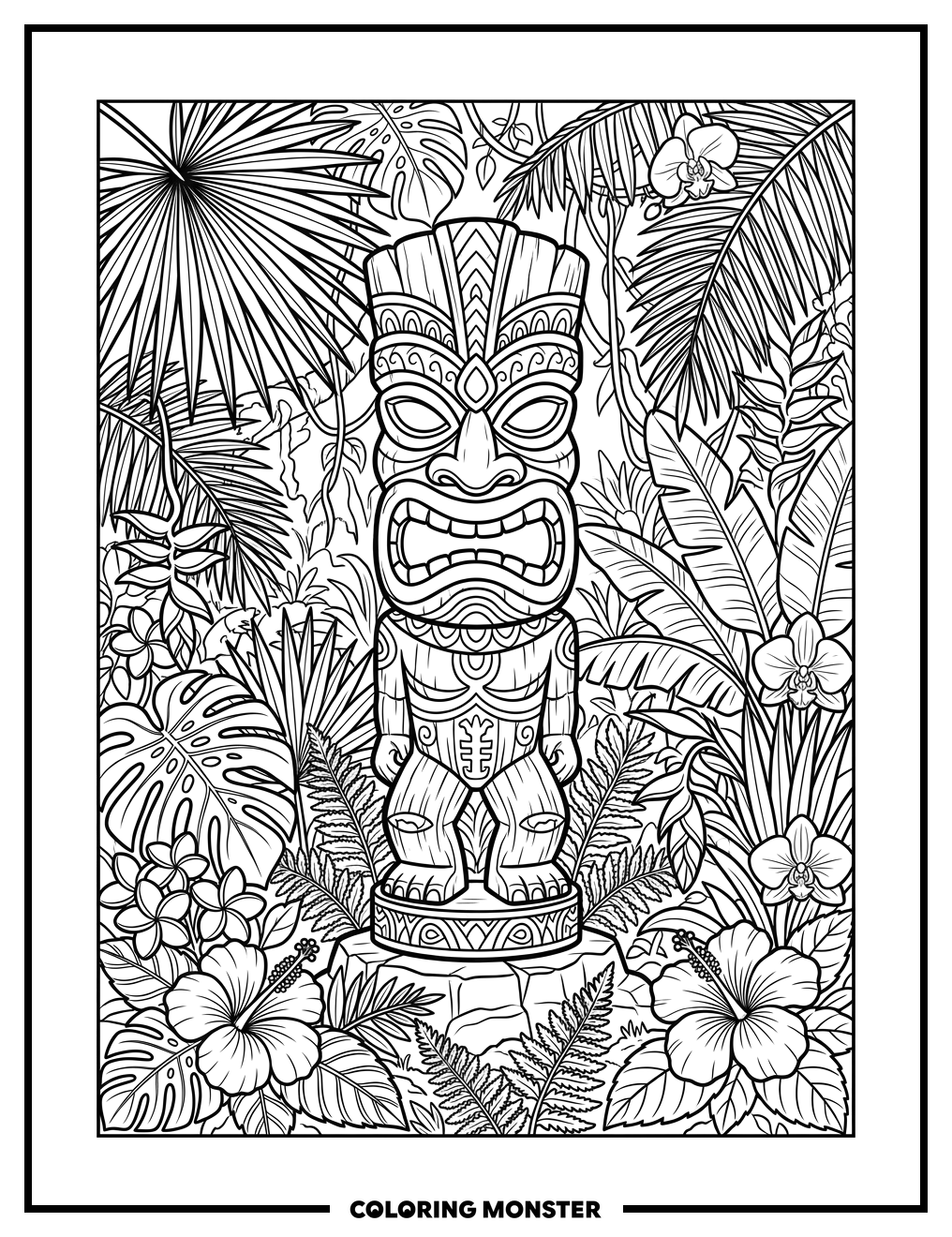 Tiki Statue In Tropical Jungle Coloring Page