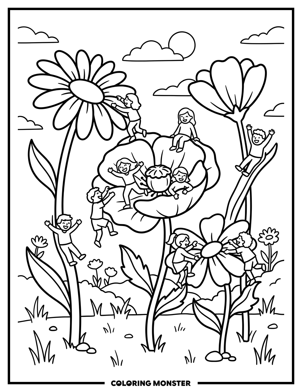 Tiny People in a Flower Field Coloring Page