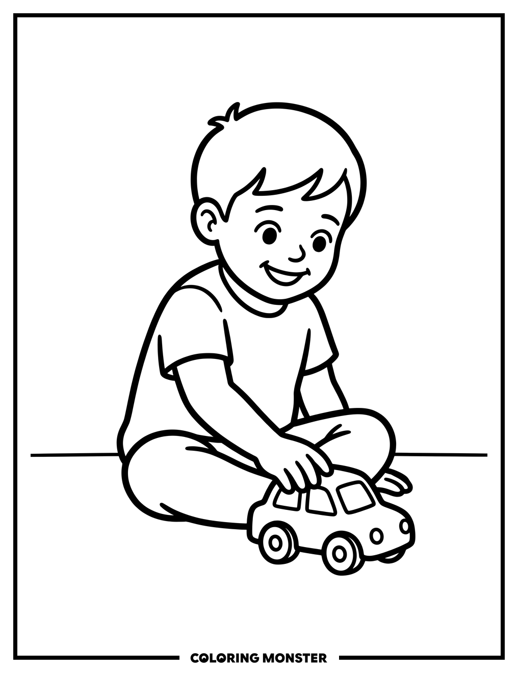 Toddler Boy Playing With Toy Car Coloring Page
