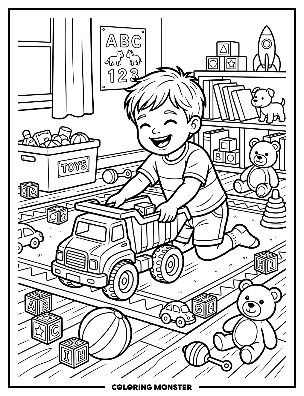 Toddler Boy Playing With Toy Truck Coloring Page