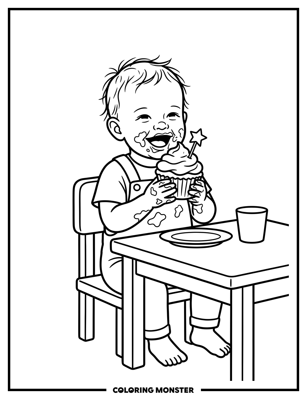 Toddler Enjoying a Fourth of July Cupcake Coloring Page