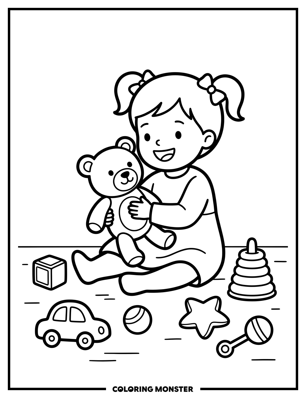 Toddler Girl Plays With Teddy Bear Coloring Page