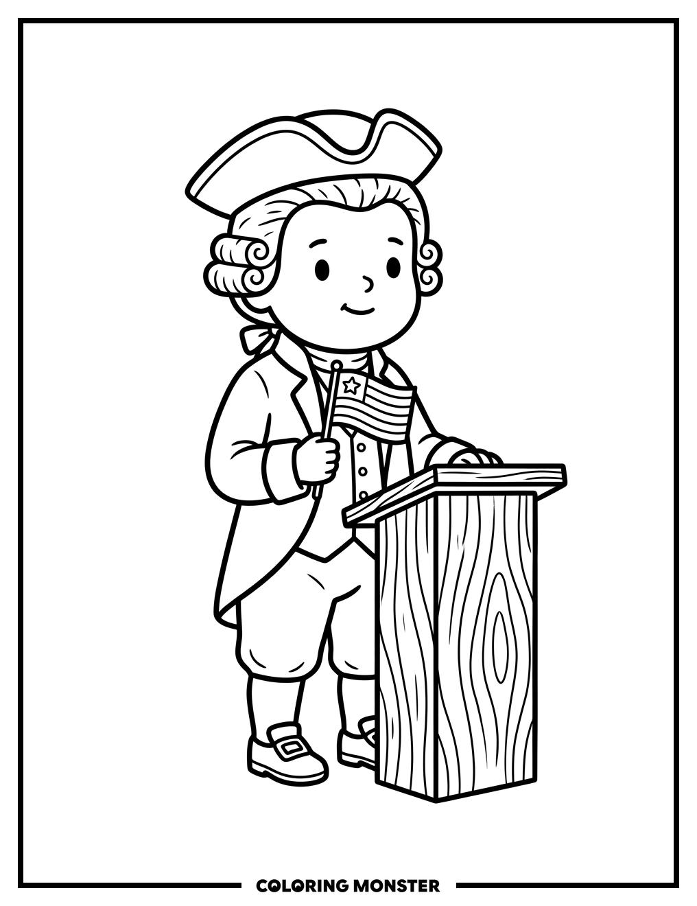 Toddler in Colonial Outfit with Flag Coloring Page
