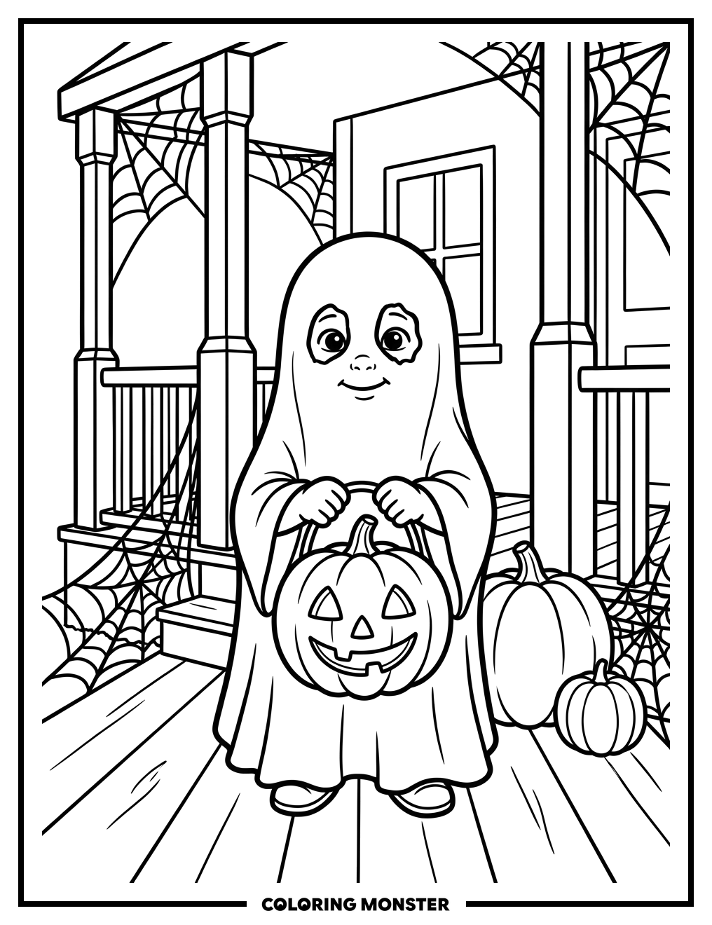 Toddler In Ghost Costume With Jack-o-Lantern Coloring Page