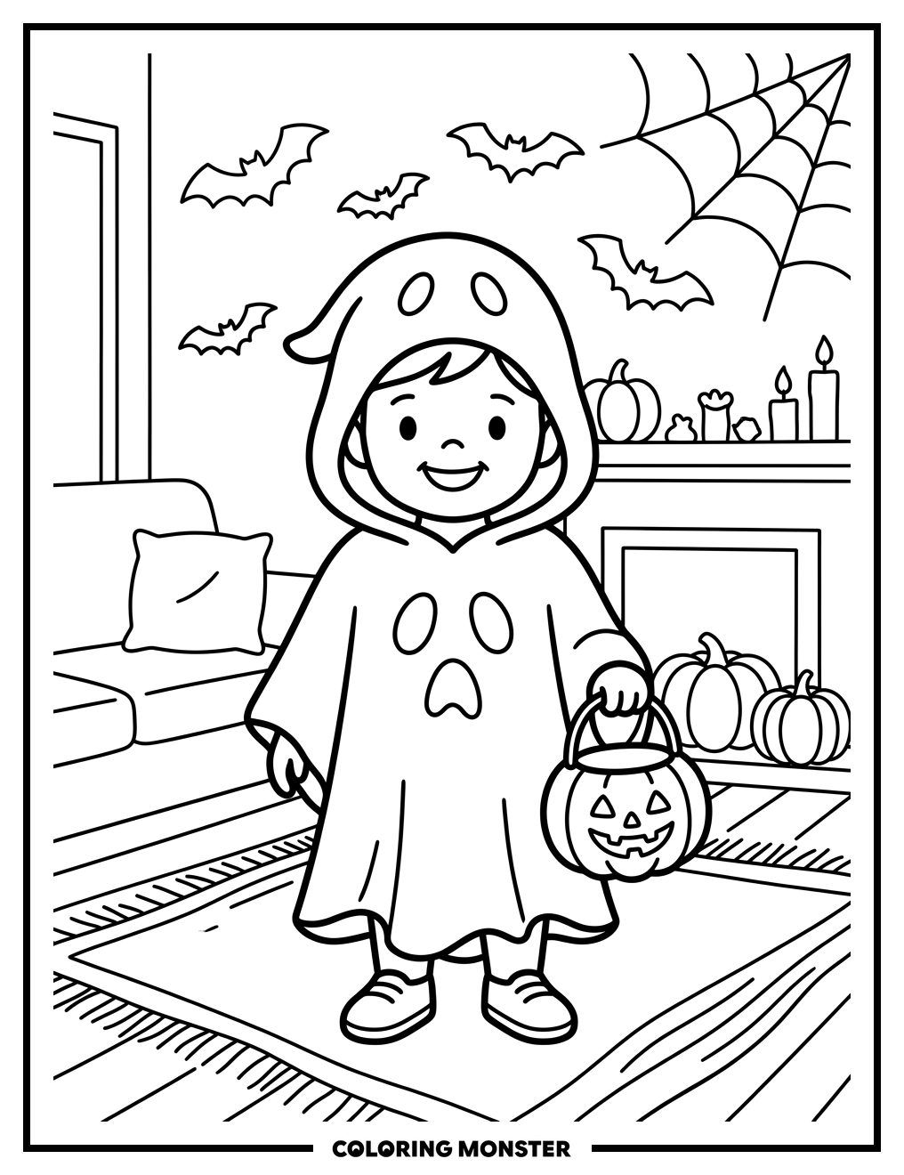 Toddler in Ghost Costume with Pumpkin Coloring Page