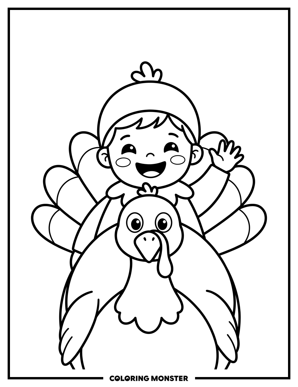 Toddler in Turkey Costume Waving Coloring Page