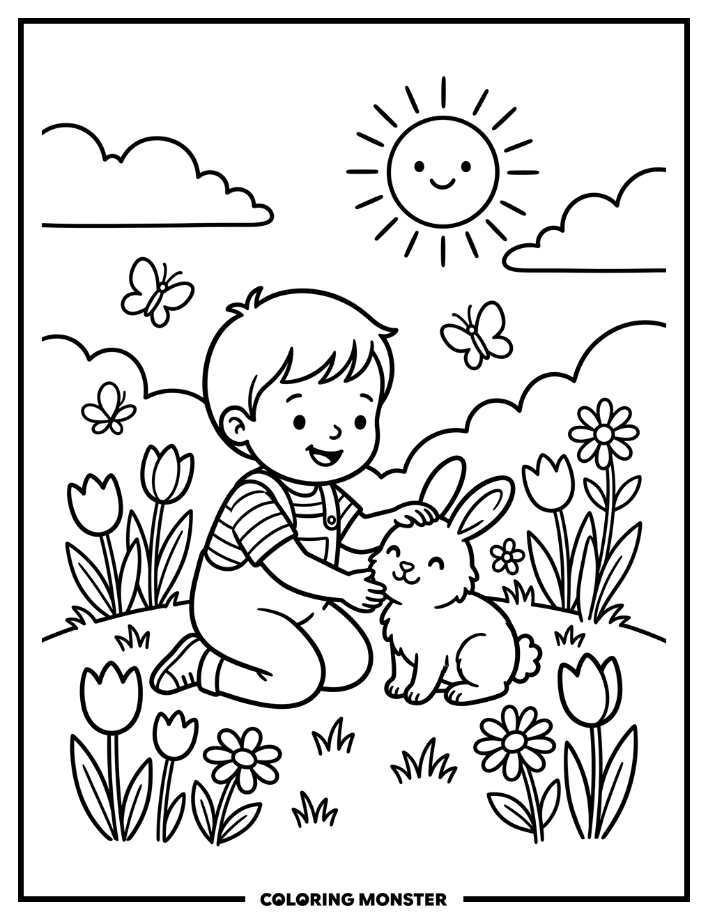 Toddler Petting Bunny in Spring Garden Coloring Page