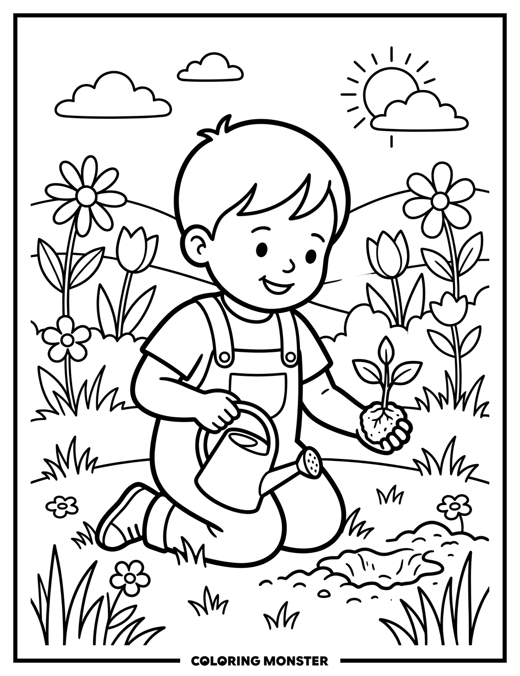 Toddler Planting a Seedling Coloring Page