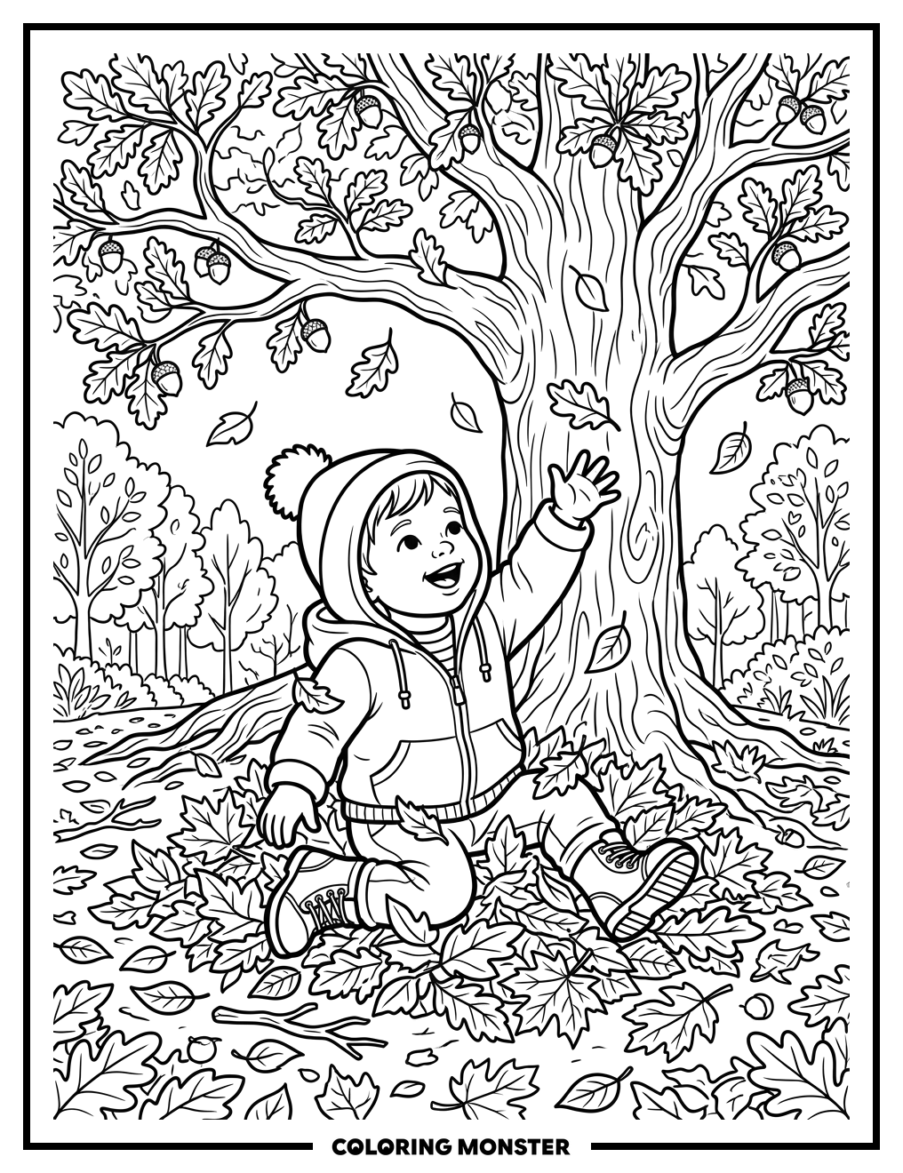 Toddler Playing in Autumn Leaves Coloring Page