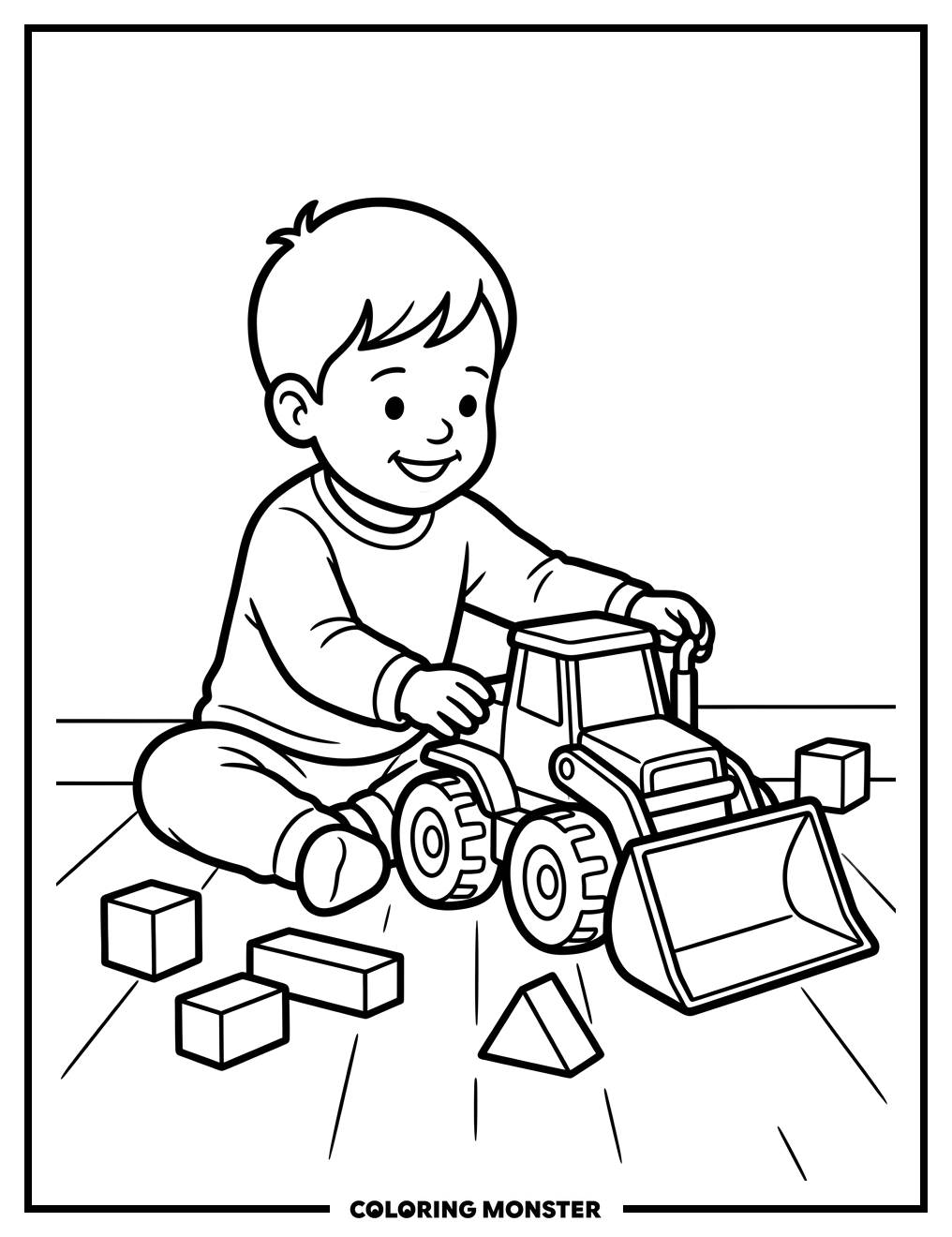 Toddler Playing With Toy Bulldozer Coloring Page