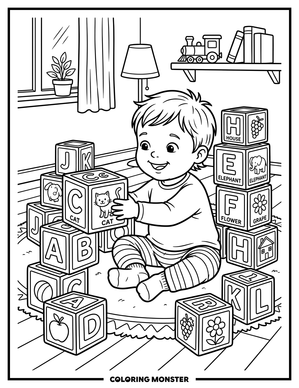 Toddler Plays With Alphabet Blocks Coloring Page