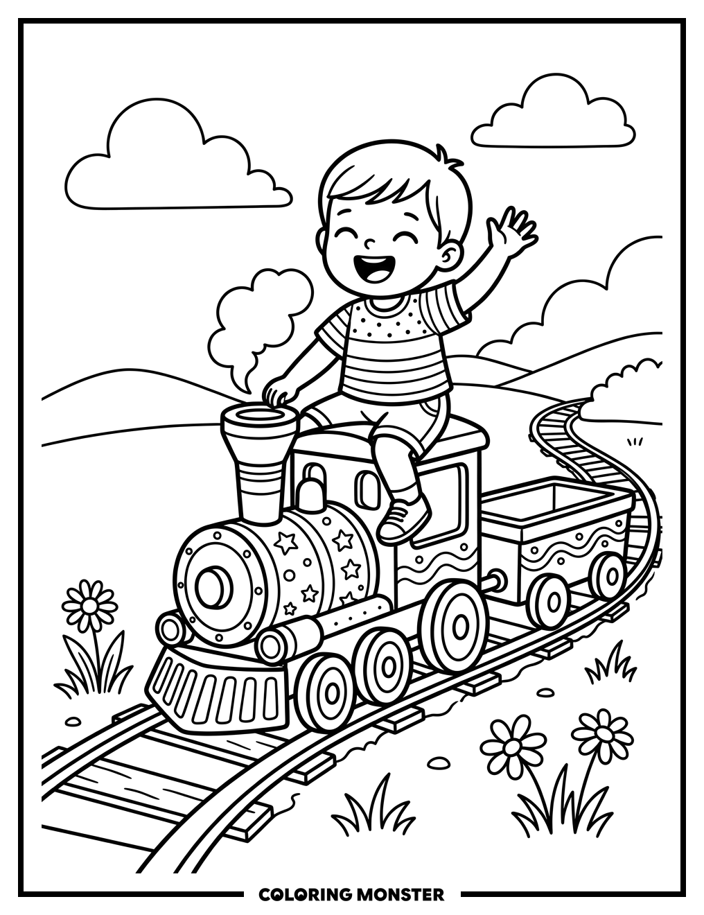 Toddler Rides A Toy Train Coloring Page