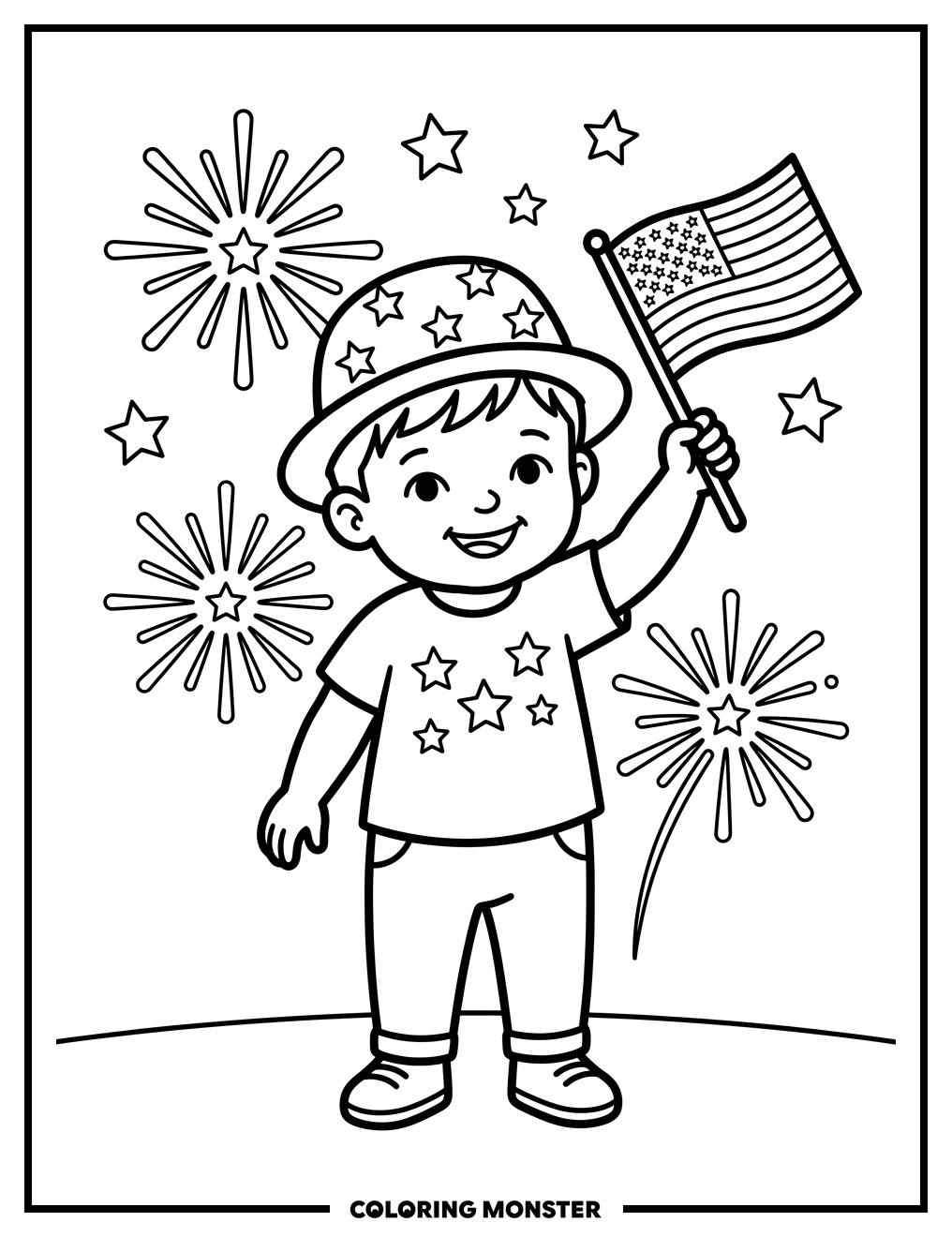 Toddler Waving American Flag Coloring Page