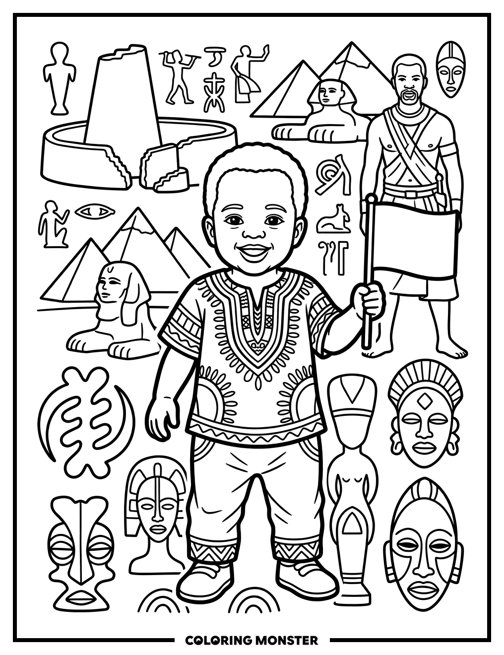 Toddler with African Heritage Flag Coloring Page