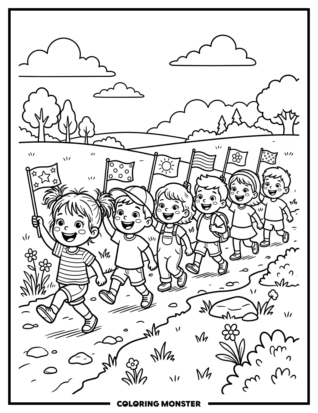 Toddlers Marching With Flags Coloring Page