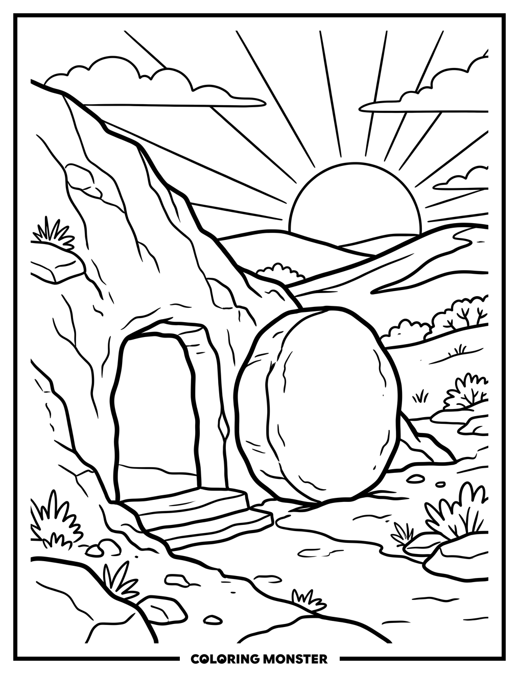 Tomb Entrance With Rising Sun Coloring Page