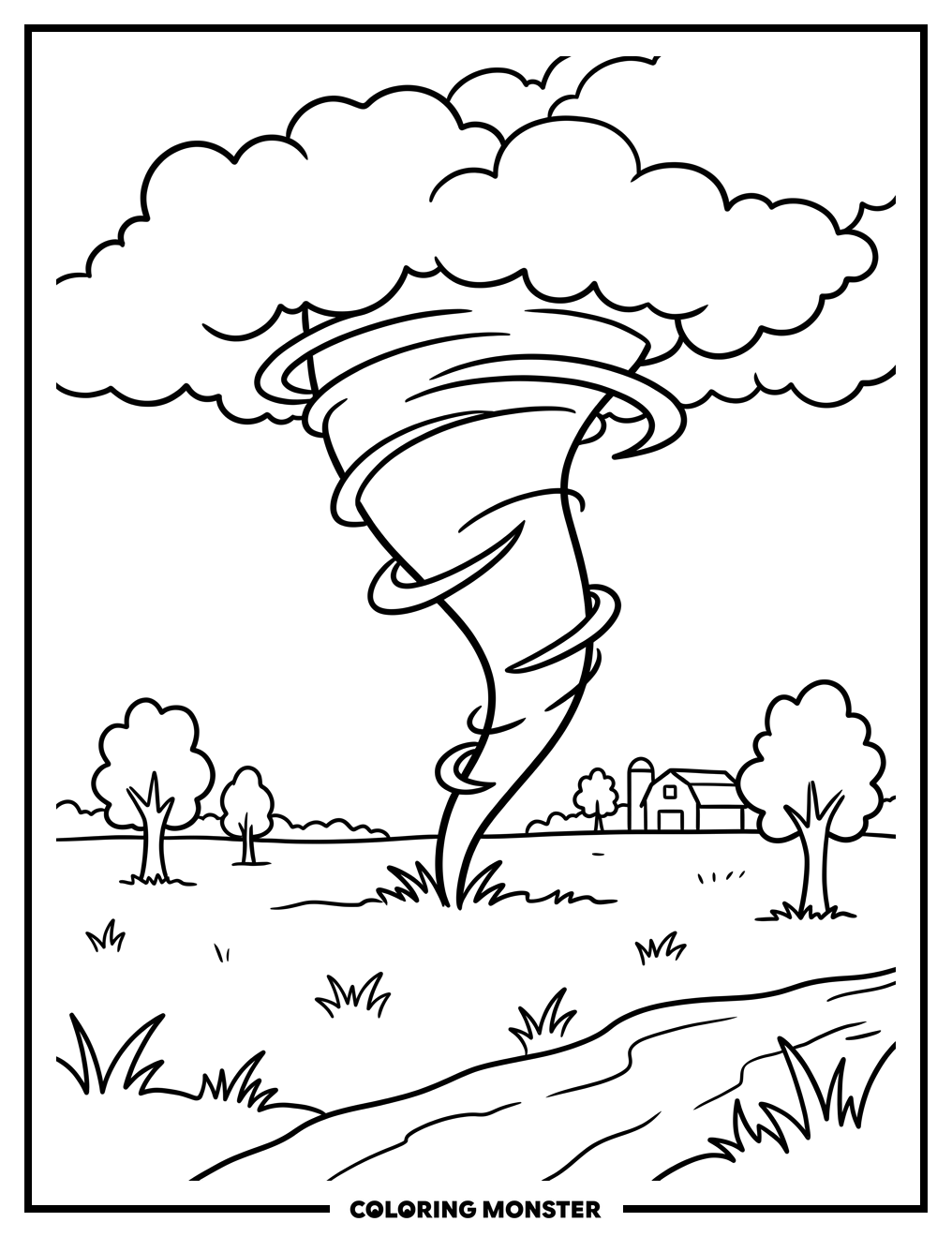 Tornado Touching Down In Grassy Field Coloring Page
