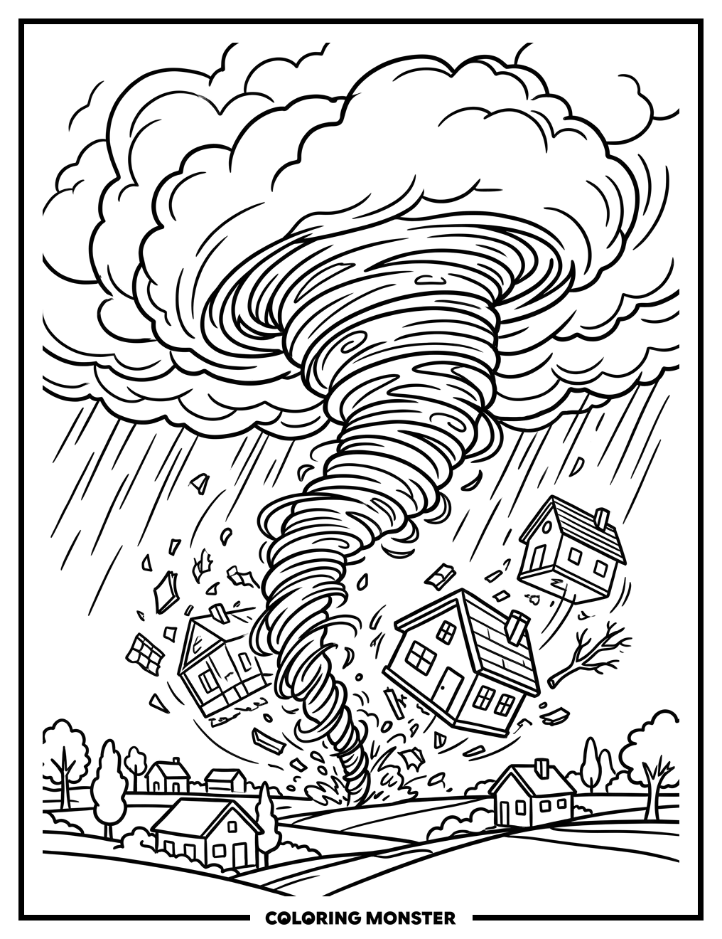 Tornado Twisting Houses Coloring Page