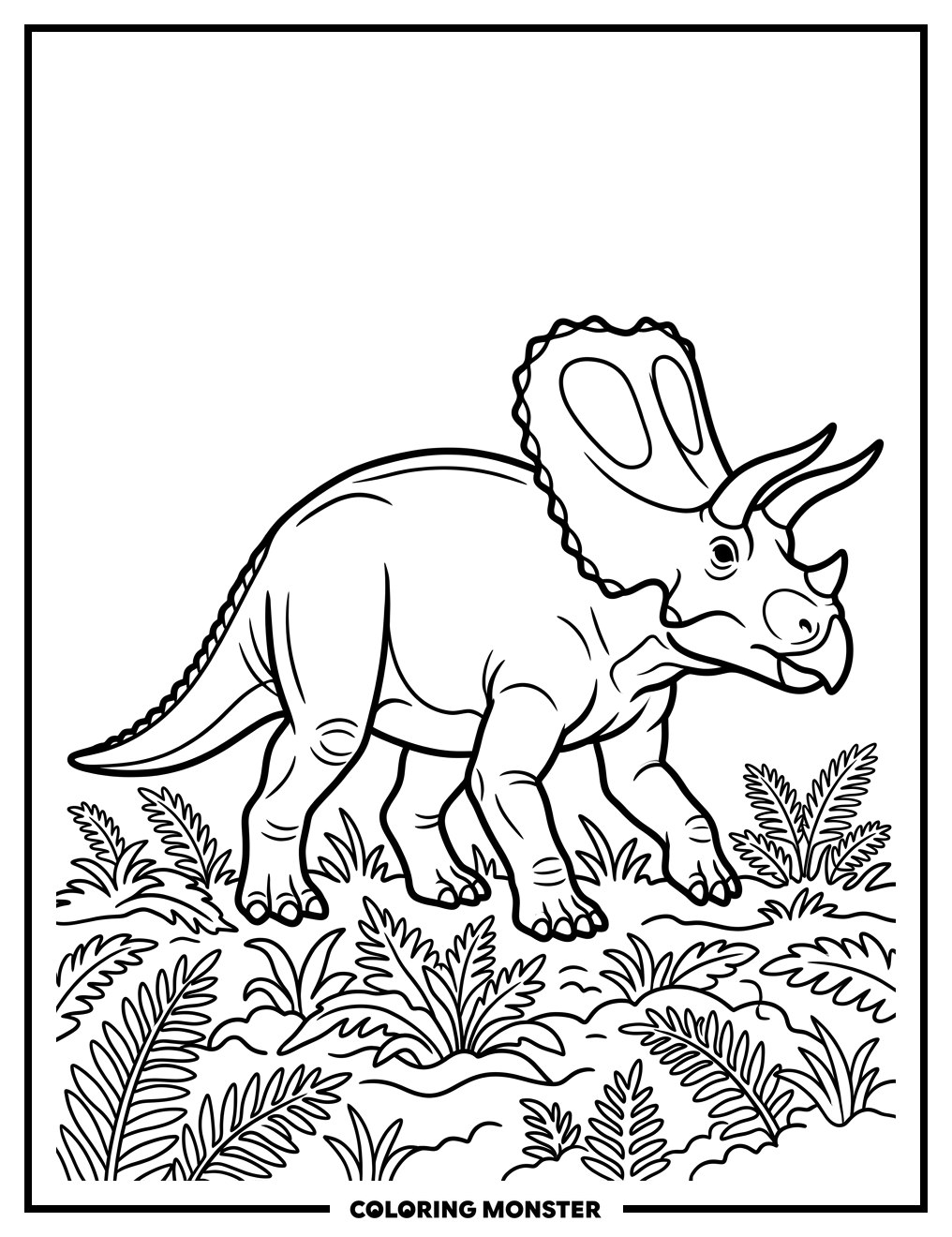 Torosaurus in a Fern Field Coloring Page
