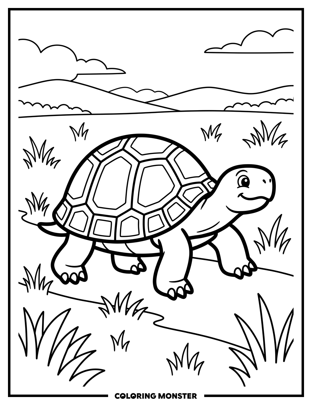 Tortoise Walking in a Grassy Field Coloring Page