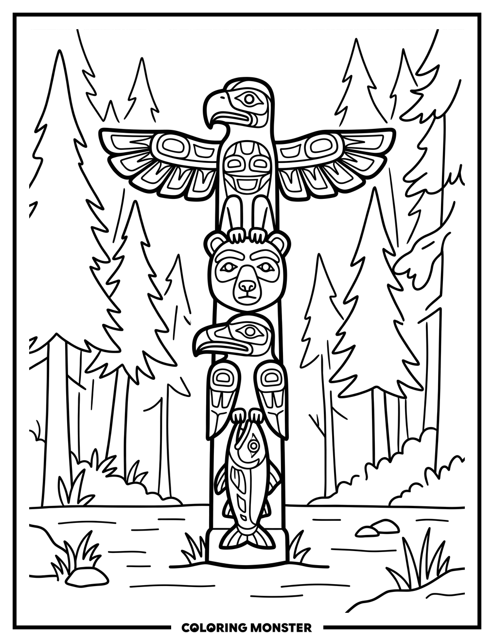 Totem Pole In Forest Clearing Coloring Page
