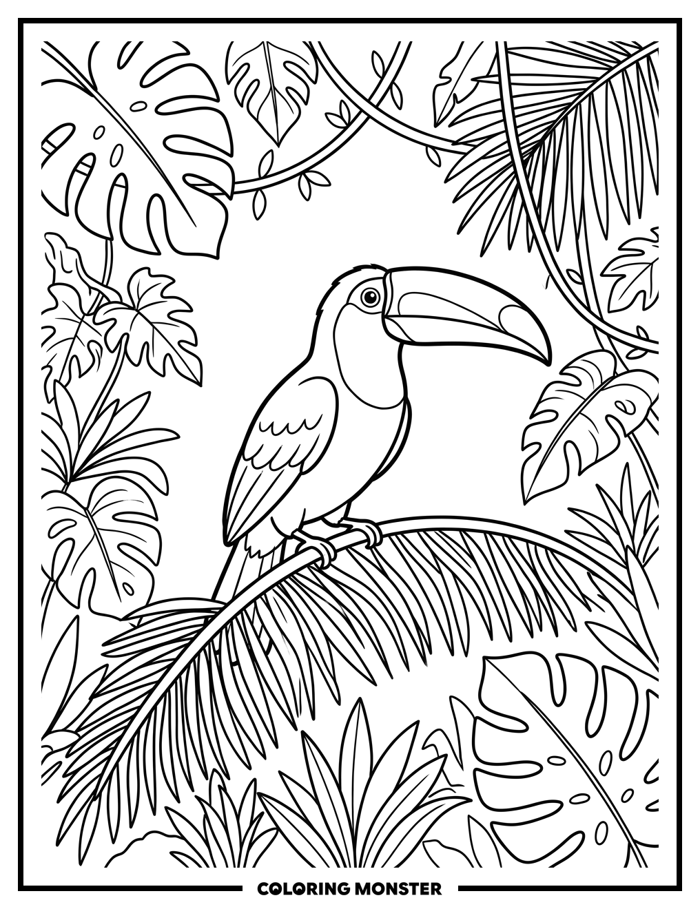 Toucan on Palm Frond Coloring Page