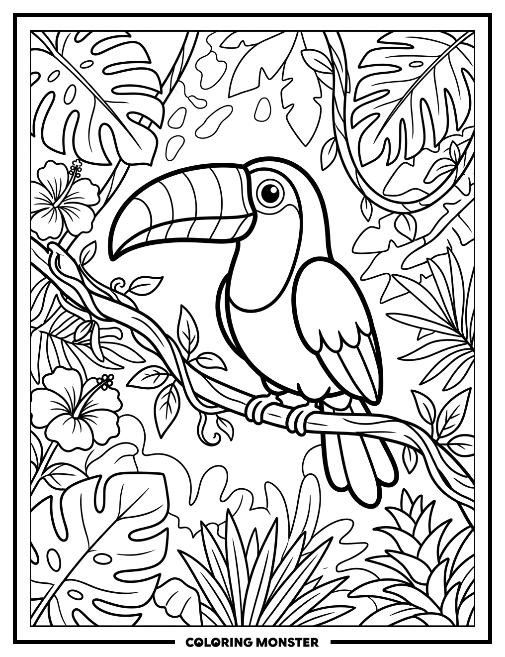 Toucan Perched on Jungle Vine Coloring Page