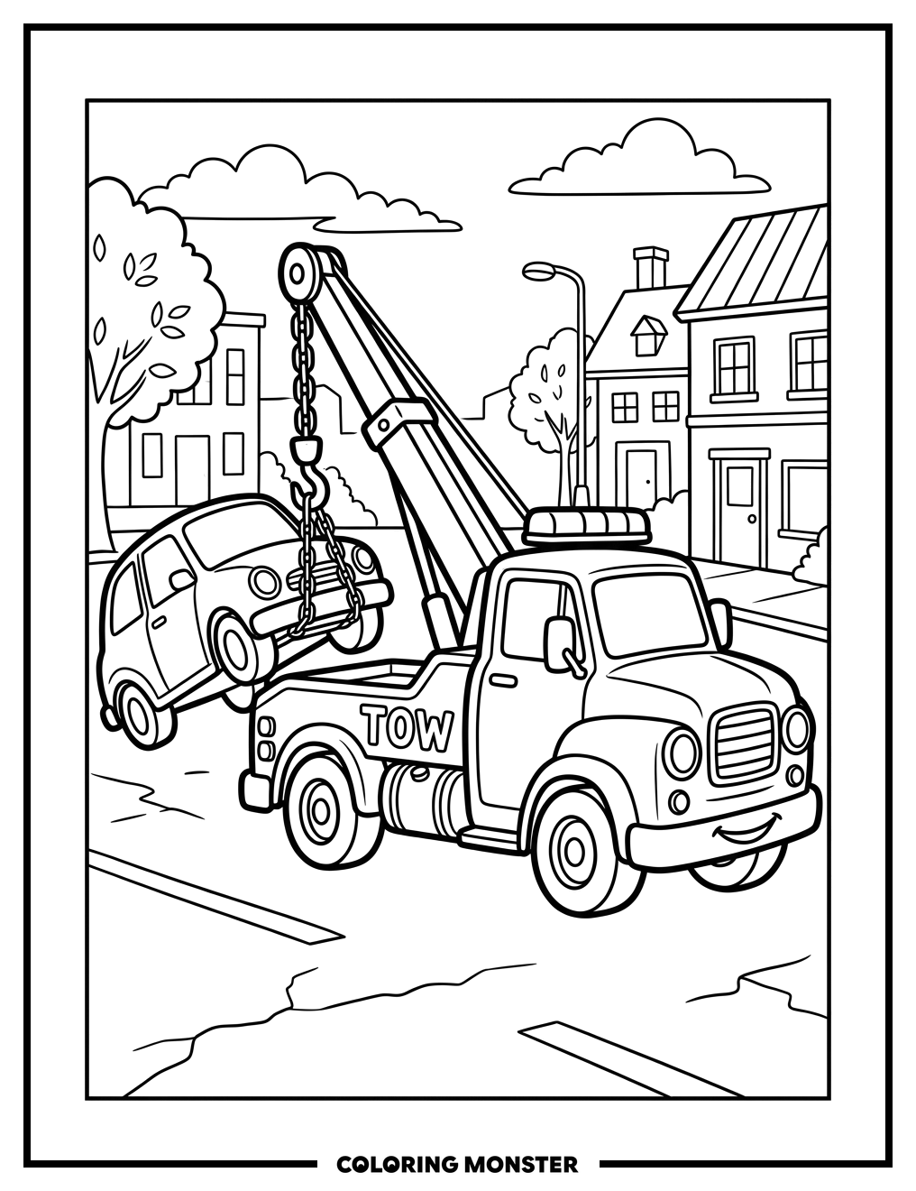 Tow Truck Lifting A Car Coloring Page