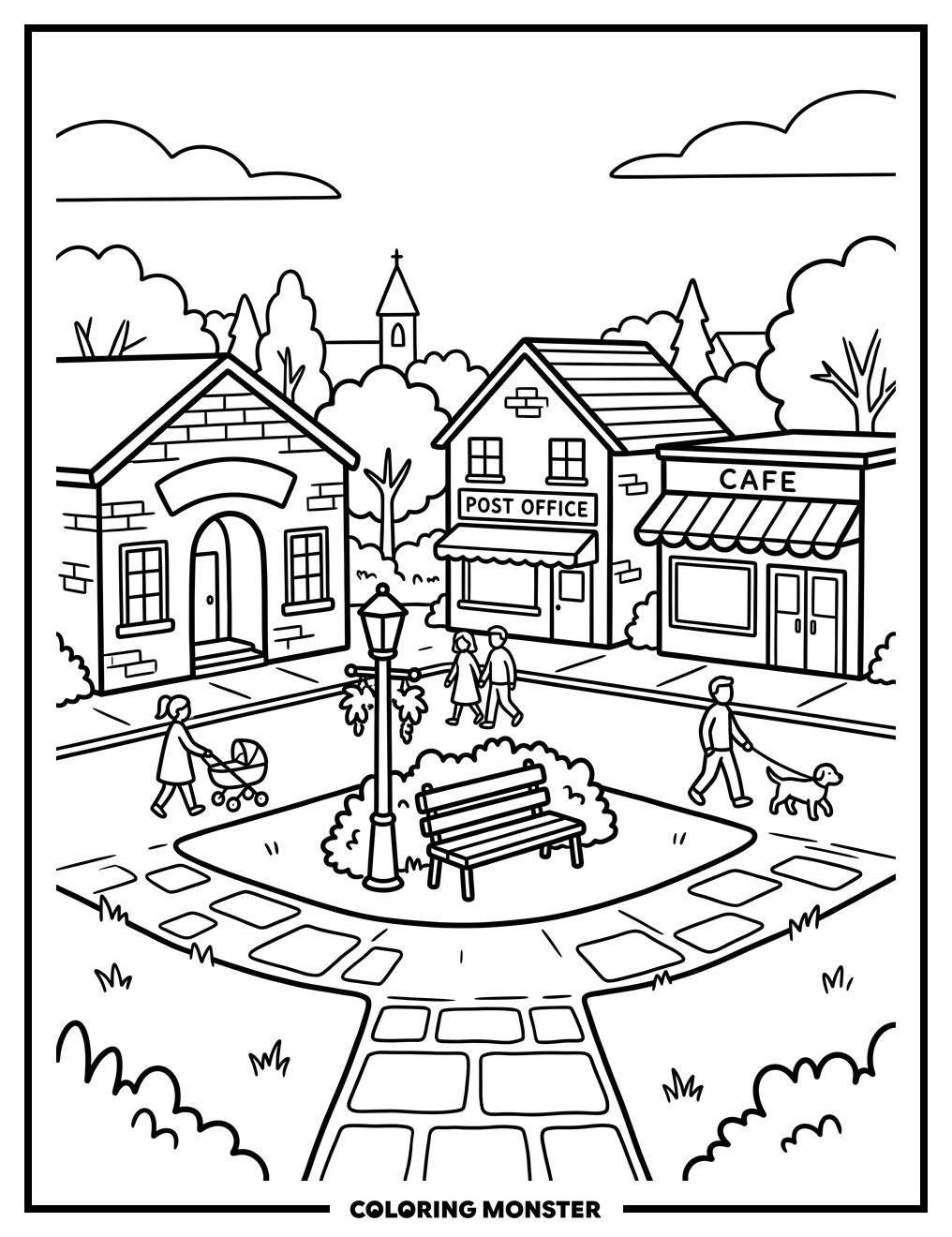 Town Square Community Buildings Coloring Page