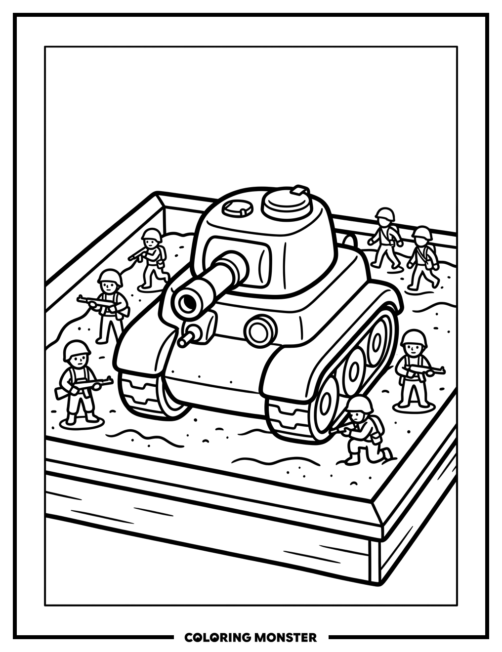 Toy Army Tank in Sandbox Coloring Page