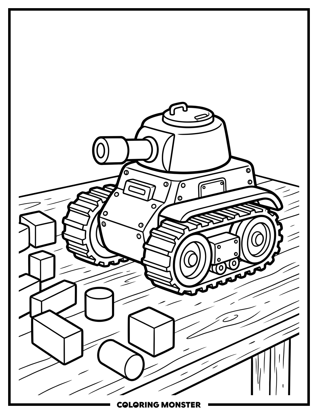 Toy Tank and Blocks Coloring Page