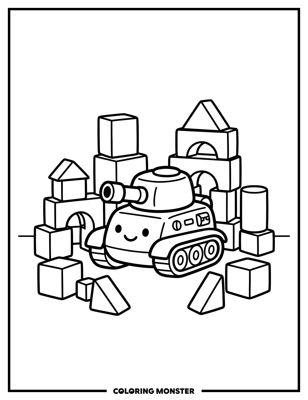 Toy Tank and Blocks Coloring Page