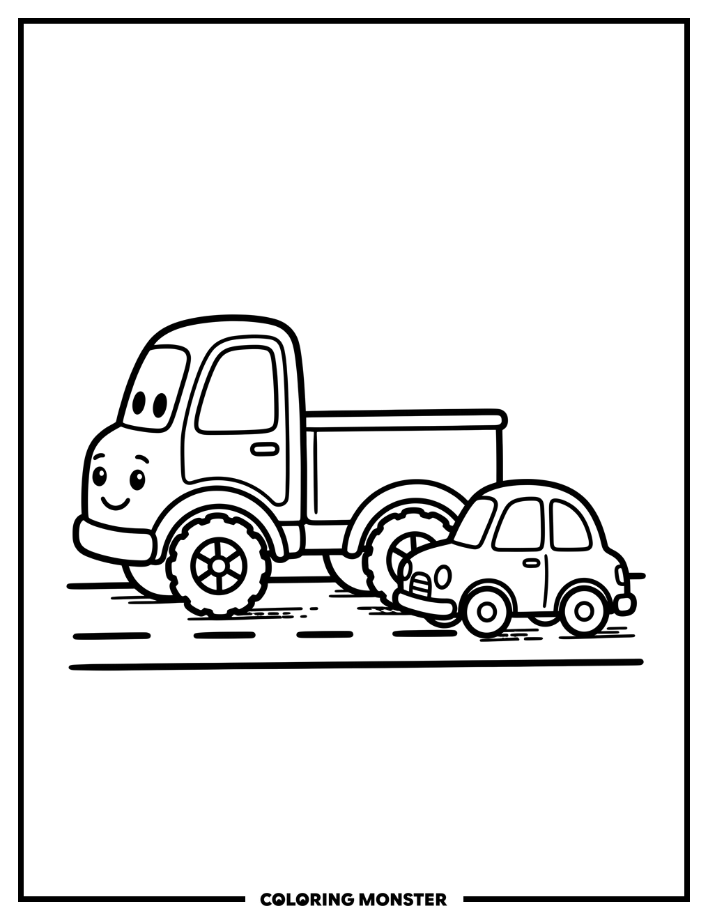 Toy Truck and Car on Road Coloring Page