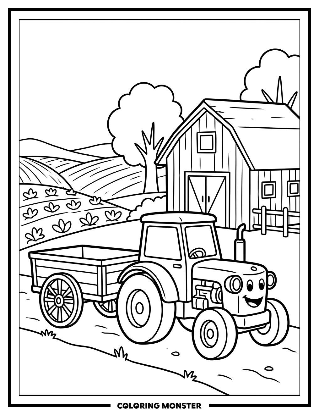 Tractor and Barn on the Farm Coloring Page
