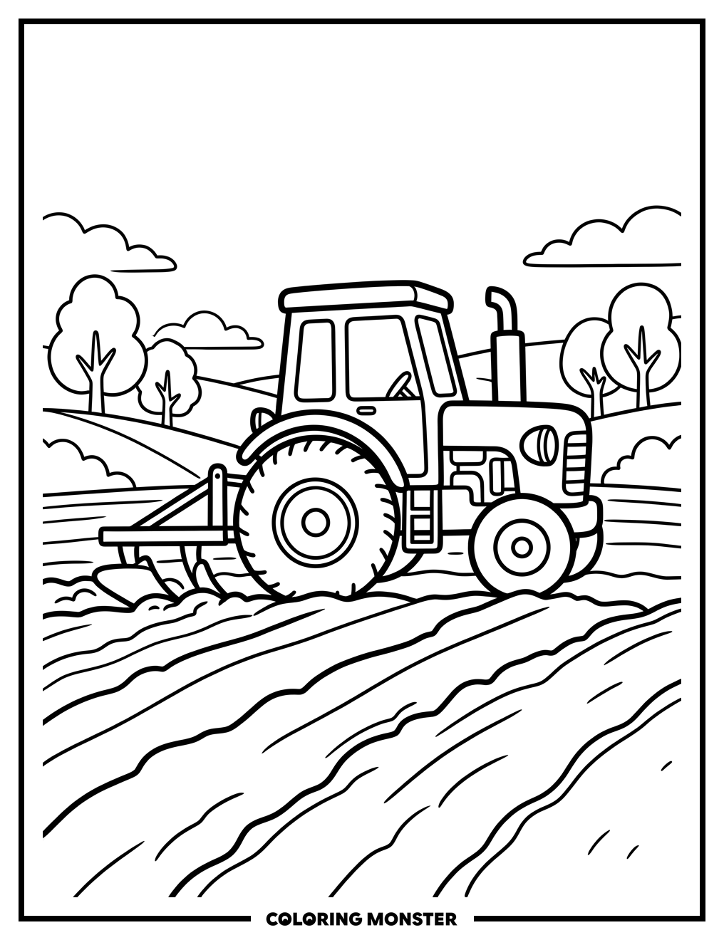 Tractor Plowing a Field Coloring Page