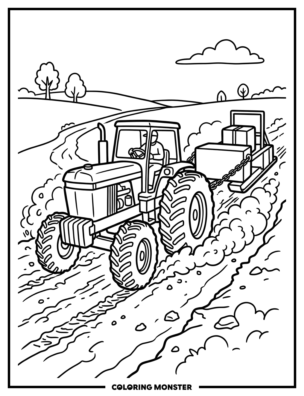 Tractor Pulling a Sled Coloring Page