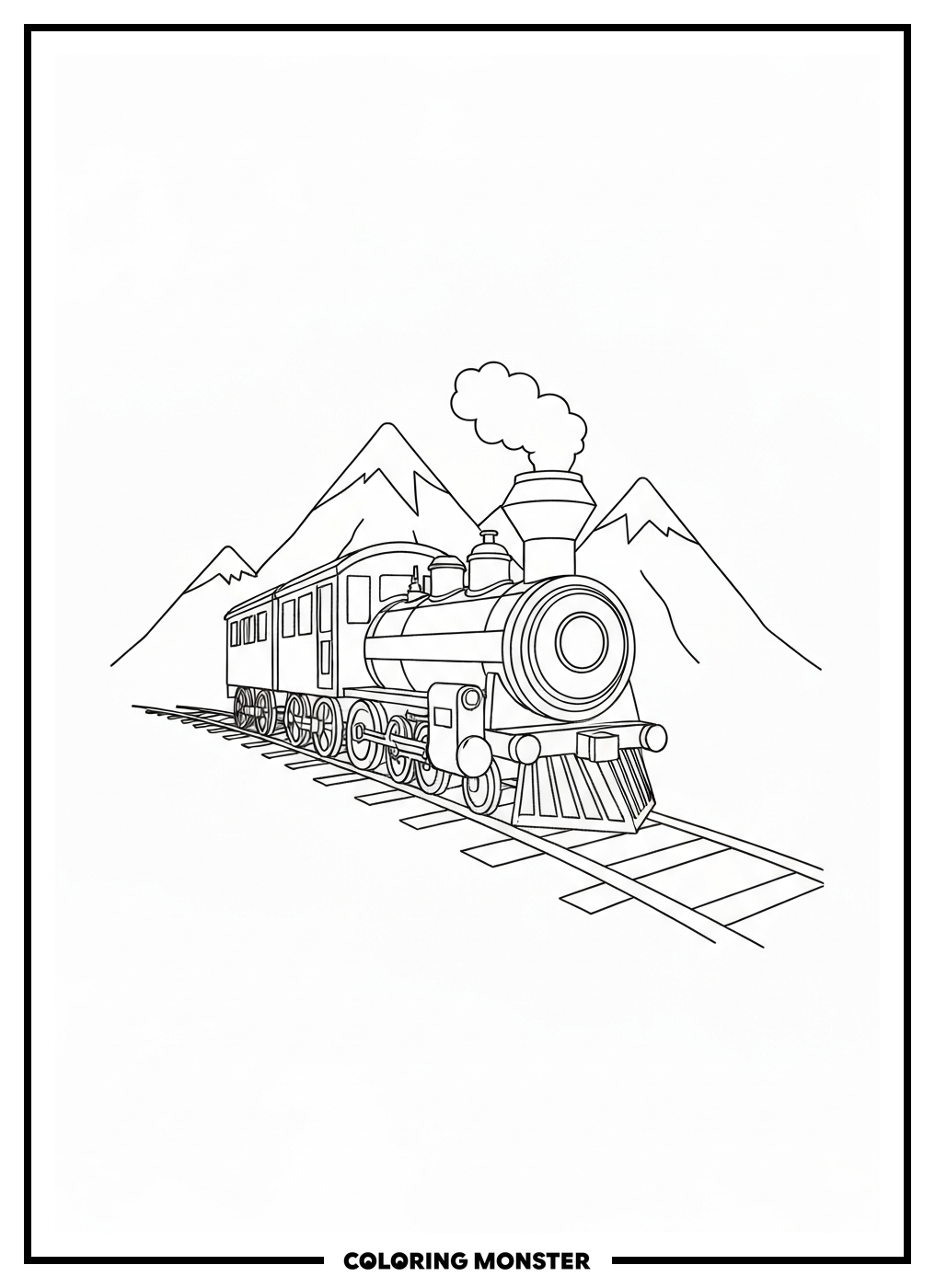 Train Chugging Through The Mountains Coloring Page