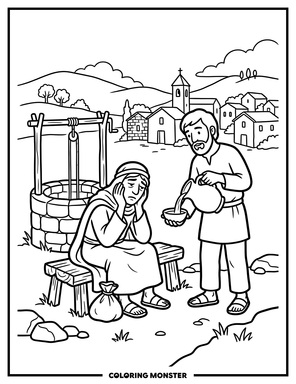 Traveler Resting at a Village Well Coloring Page