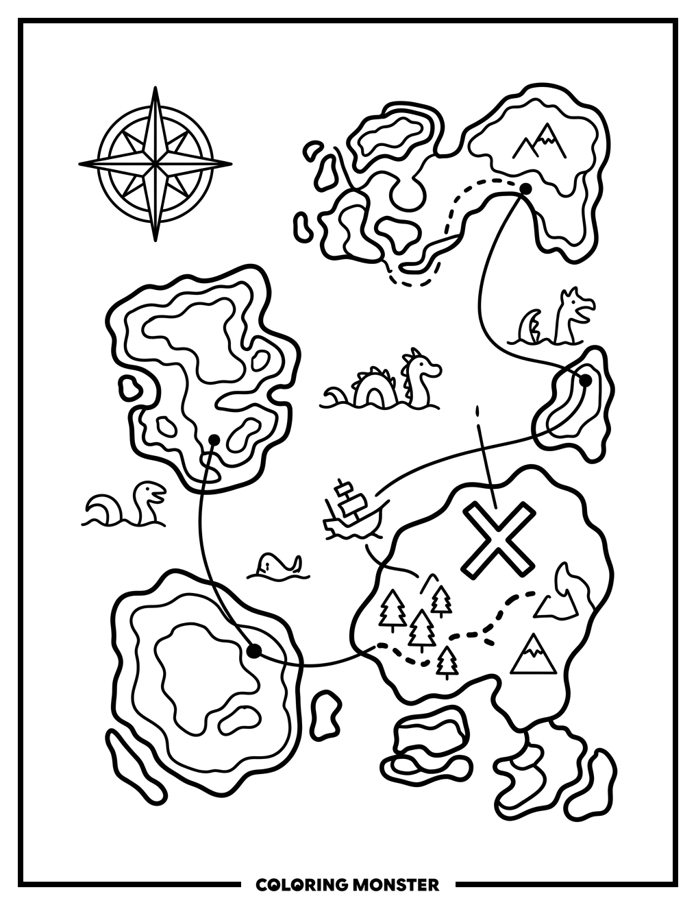 Treasure Map With Red 'X' Coloring Page